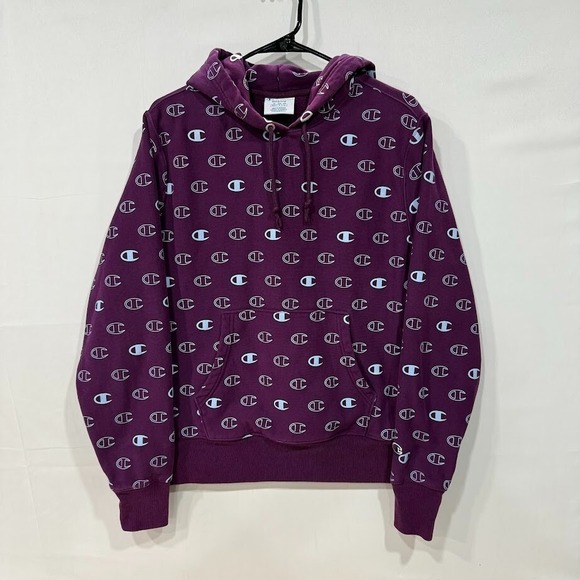 Champion Reverse Weave Hoodie Women's M Purple All Over Logo Pullover - Picture 1 of 5